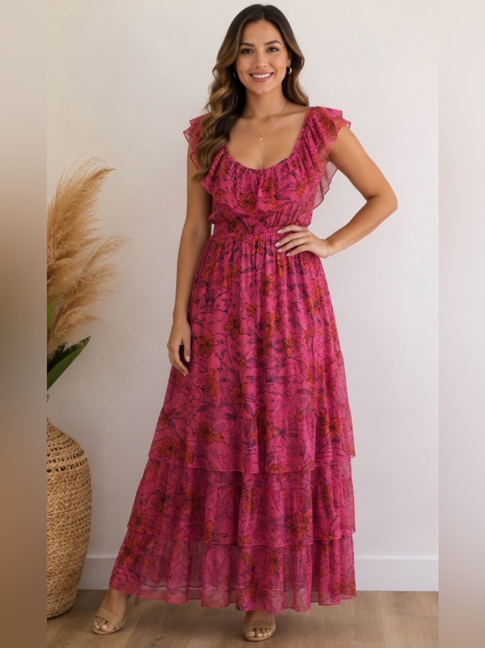 DR2 Fuchsia Floral Ruffled Tiered Maxi Dress